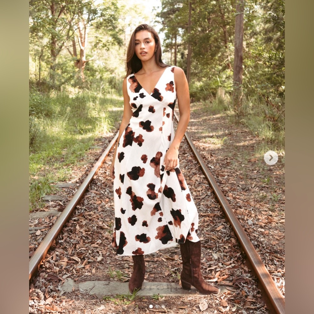 Paper Heart Ecru Brown Black Pony Sleeveless Linen Blend Maxi Dress Size XS